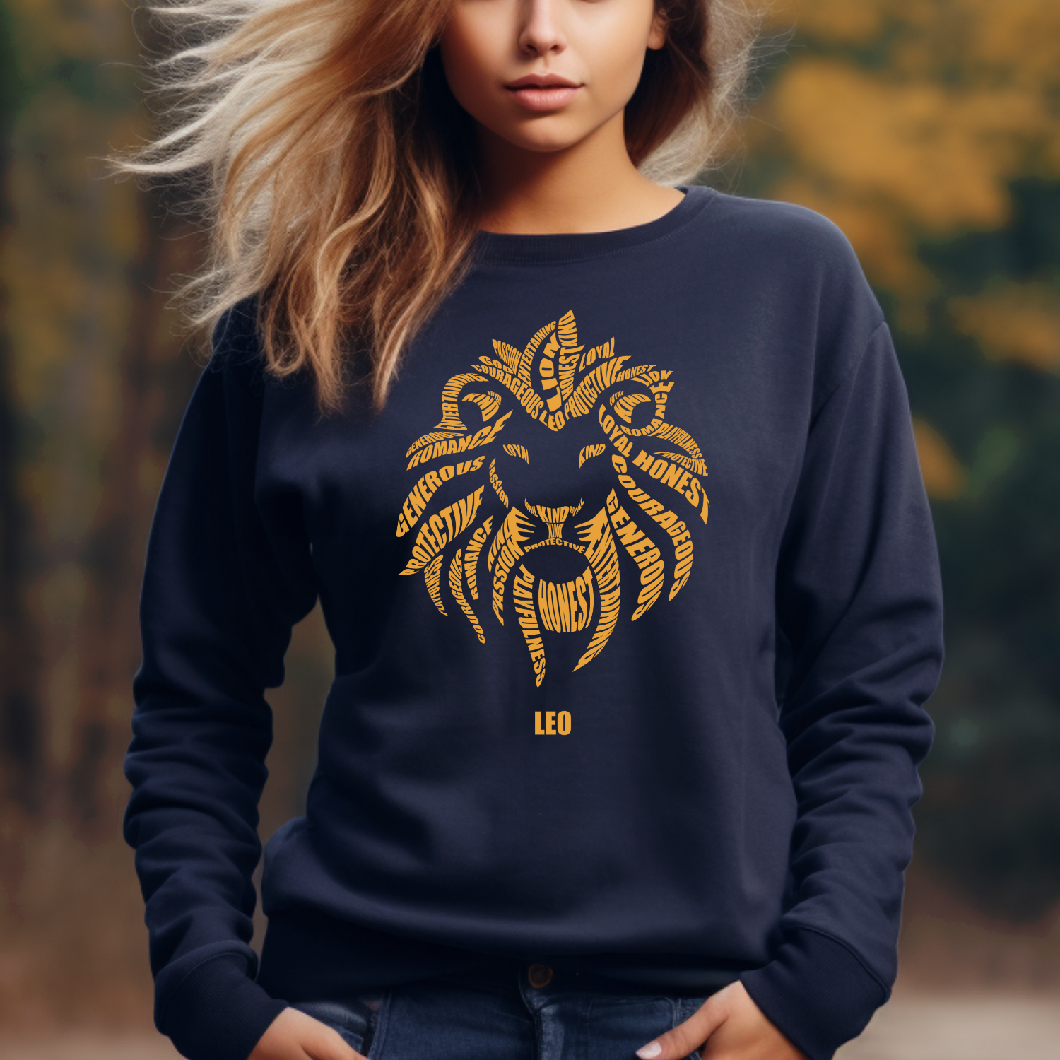 Person wearing a navy sweatshirt with a yellow lion design and 'Leo' text, outdoors.