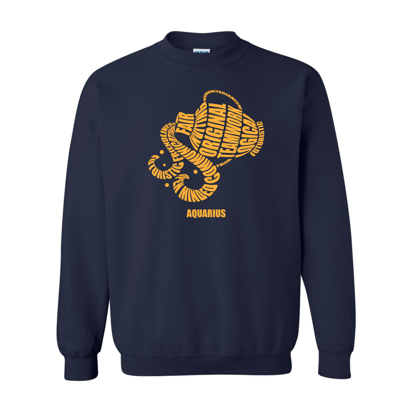 Navy blue sweatshirt with yellow Aquarius zodiac design on a white background