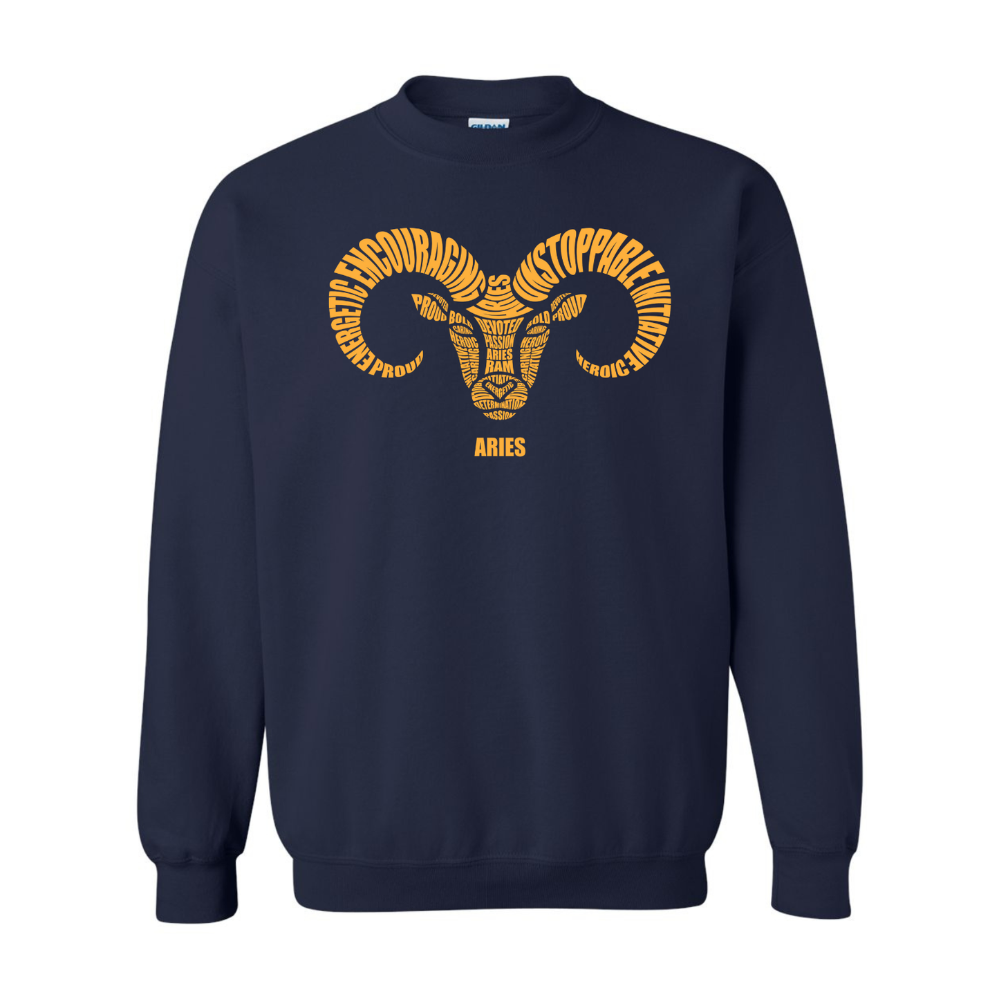 Navy blue sweatshirt with yellow ram design and text on a white background