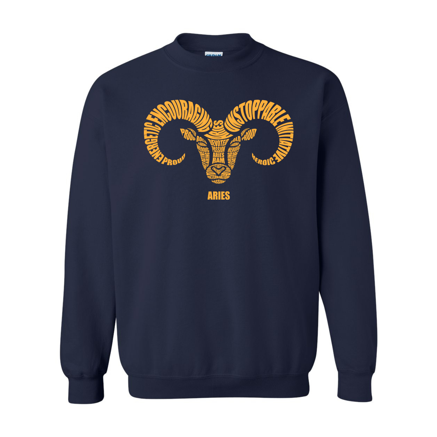 Navy blue sweatshirt with yellow ram design and text on a white background