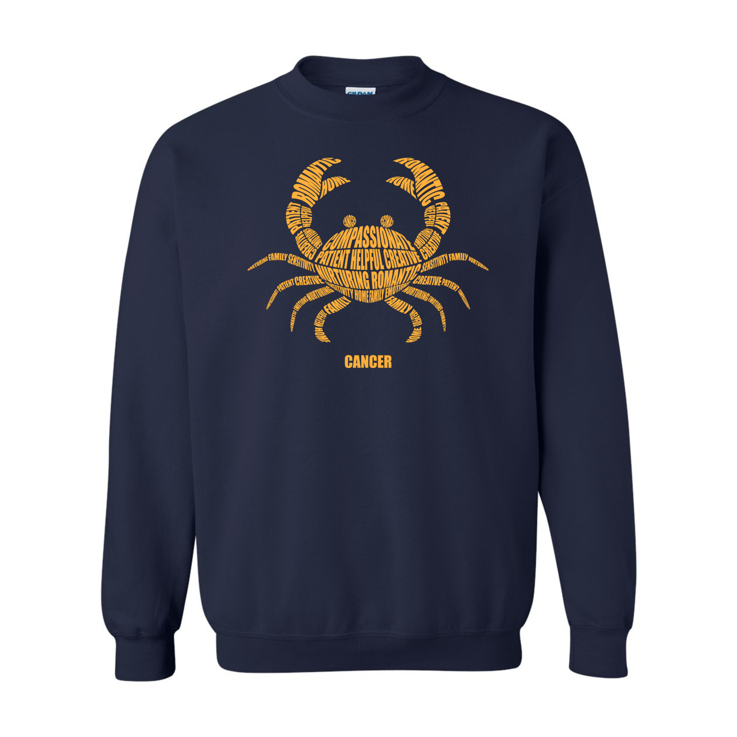 Navy blue sweatshirt with yellow crab design and 'Cancer' text on a white background