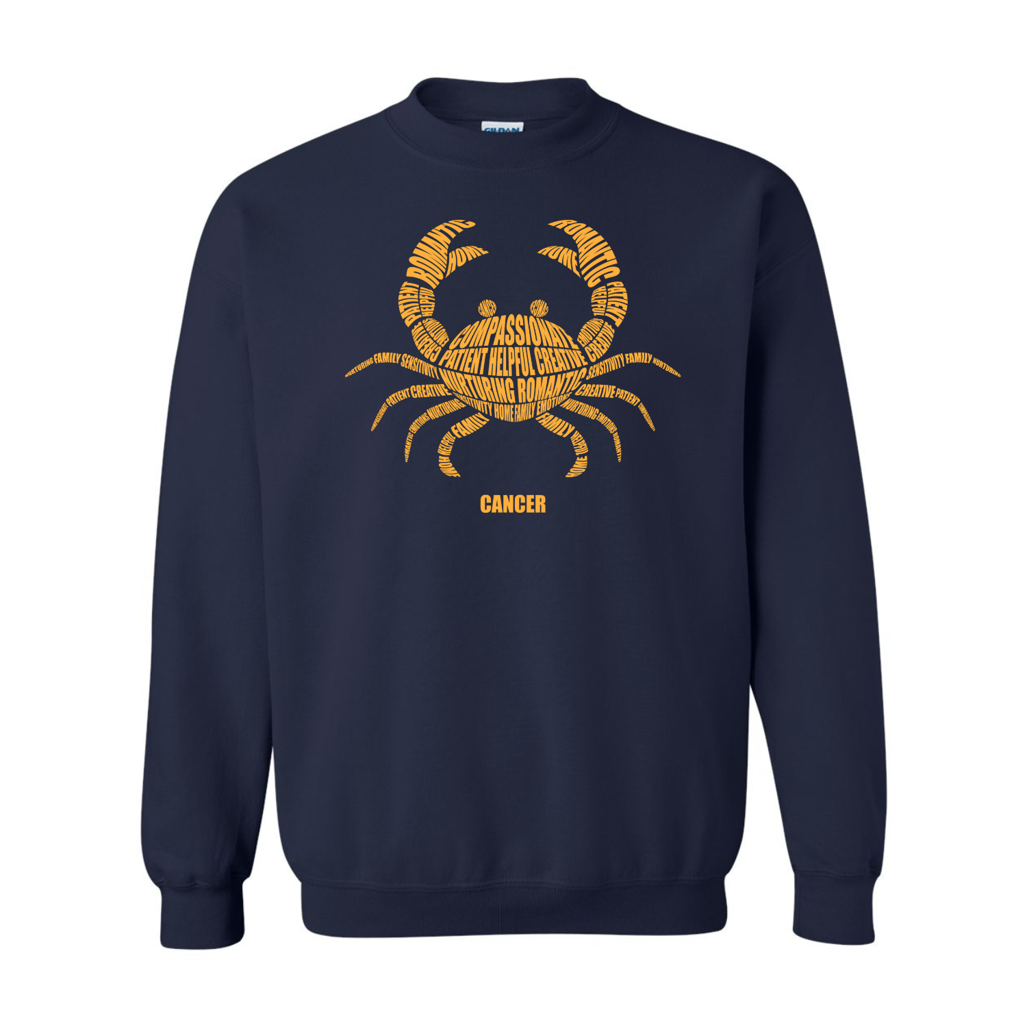Navy blue sweatshirt with yellow crab design and 'Cancer' text on a white background