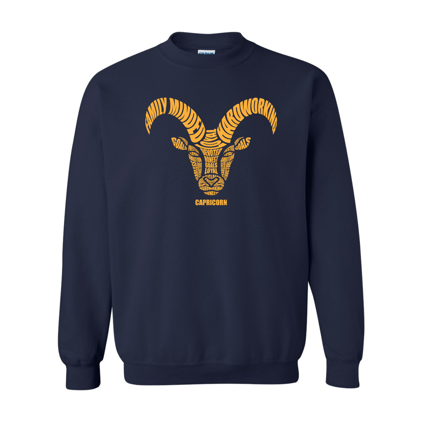 Navy blue sweatshirt with yellow ram design and 'Capricorn' text on a white background