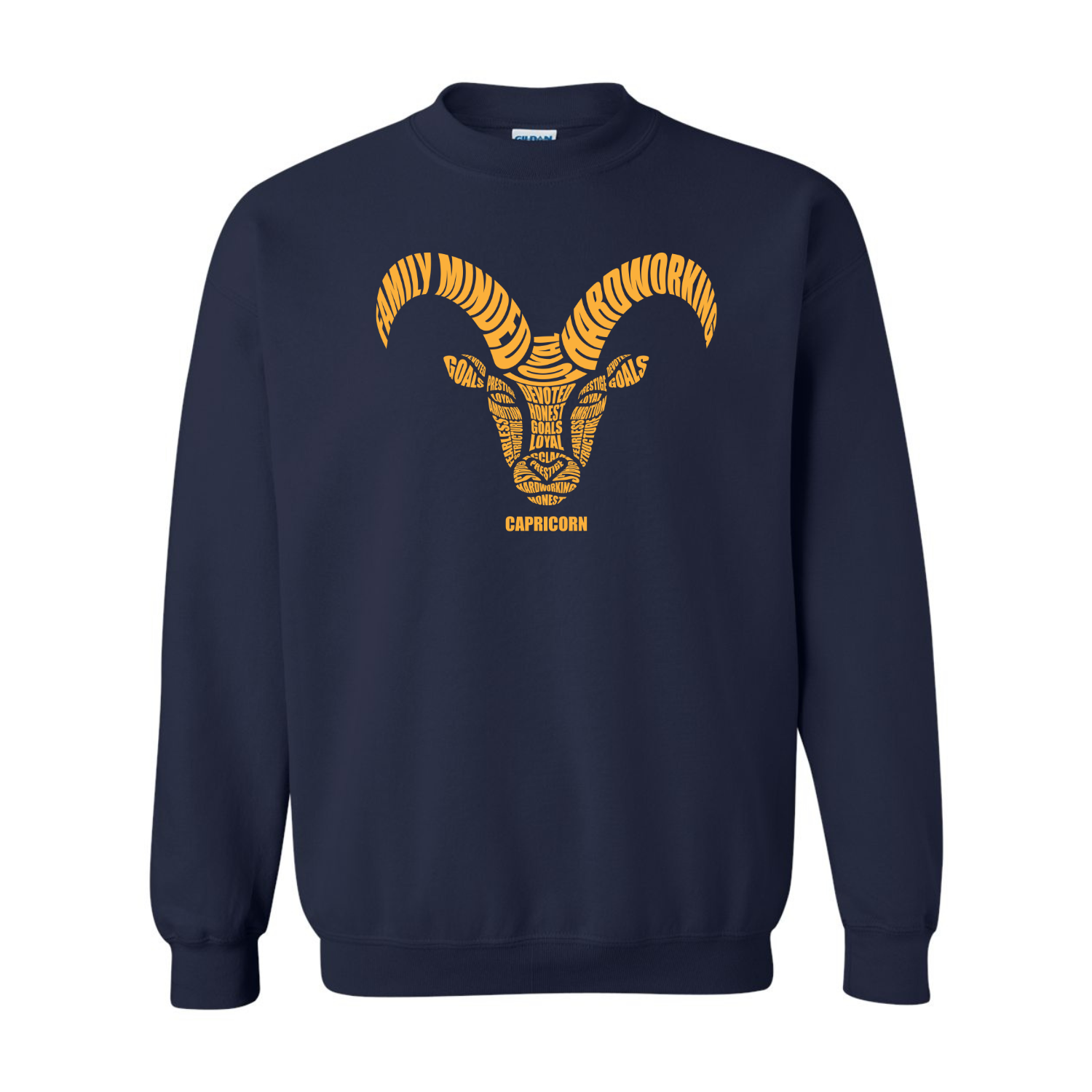 Navy blue sweatshirt with yellow ram design and 'Capricorn' text on a white background