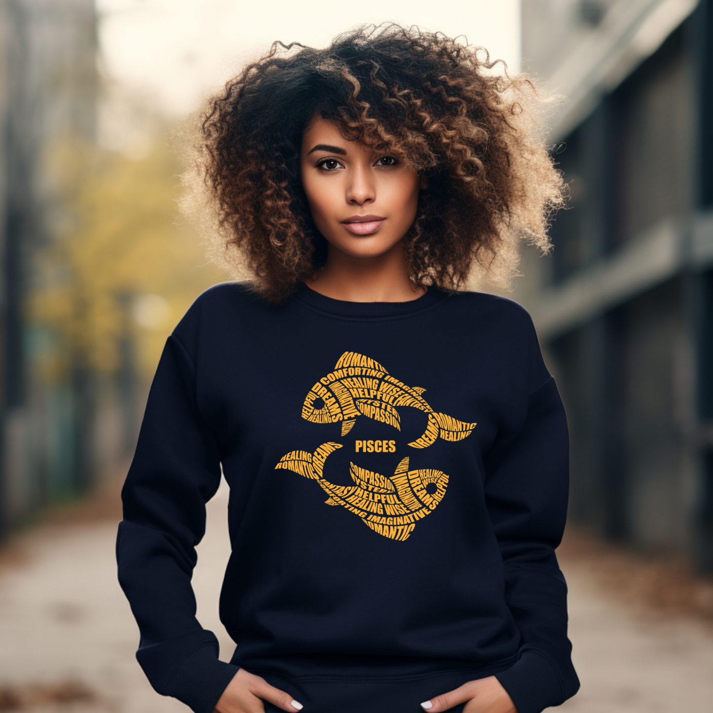 Person wearing a black sweatshirt with yellow Pisces zodiac design outdoors.