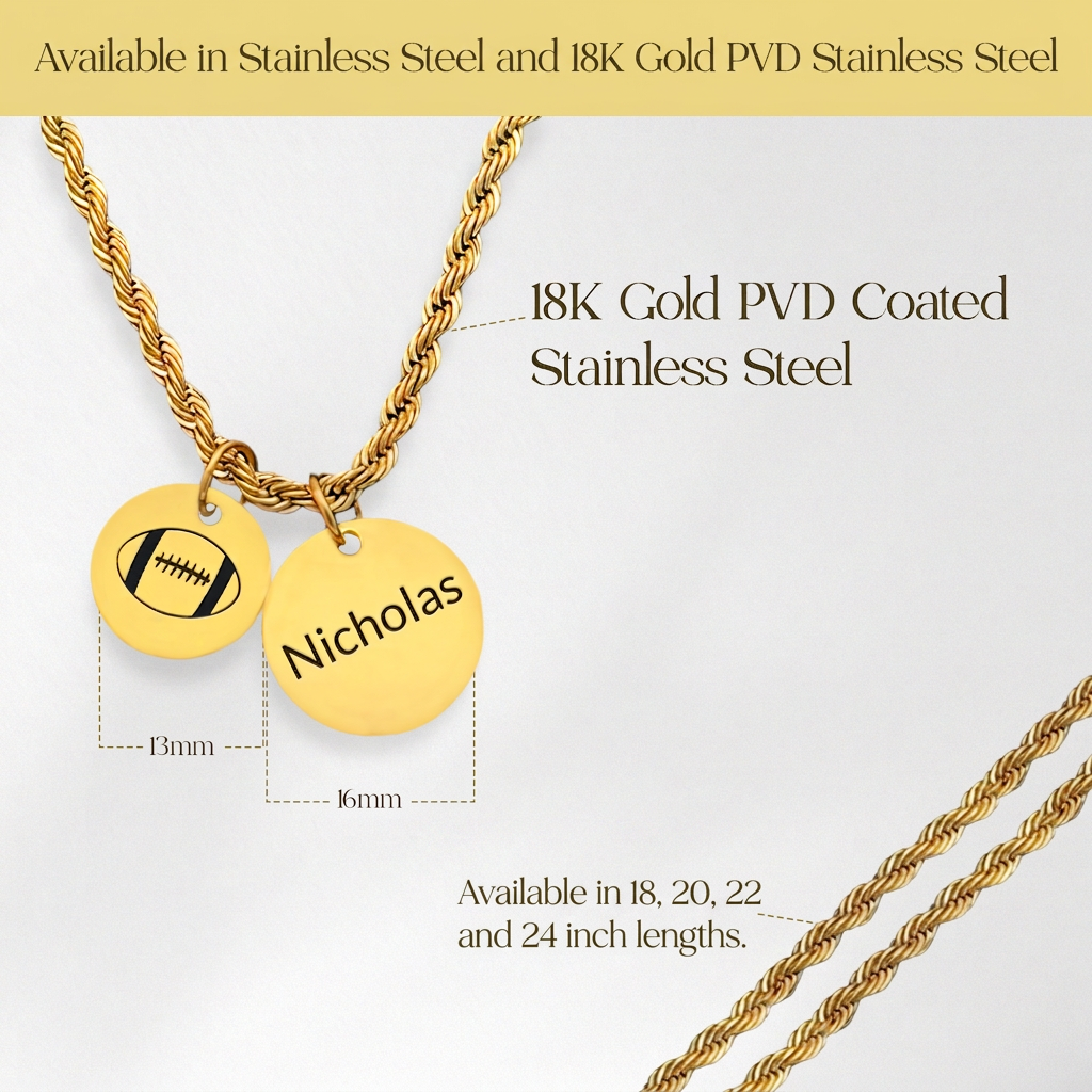 Personalized Two-Charm Football Necklace | Stainless Steel & 18K Gold PVD