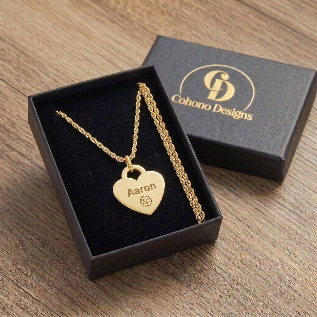 Personalized Heart Volleyball Rope Chain Necklace | Gold & Silver Stainless Steel