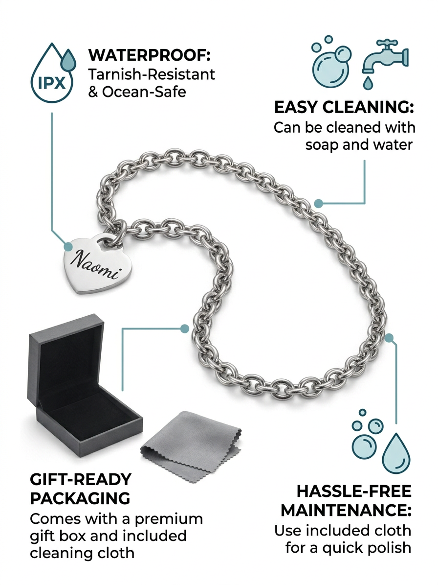 Personalized Stainless Steel Heart Necklace - 16, 18, and 20 inch lengths available