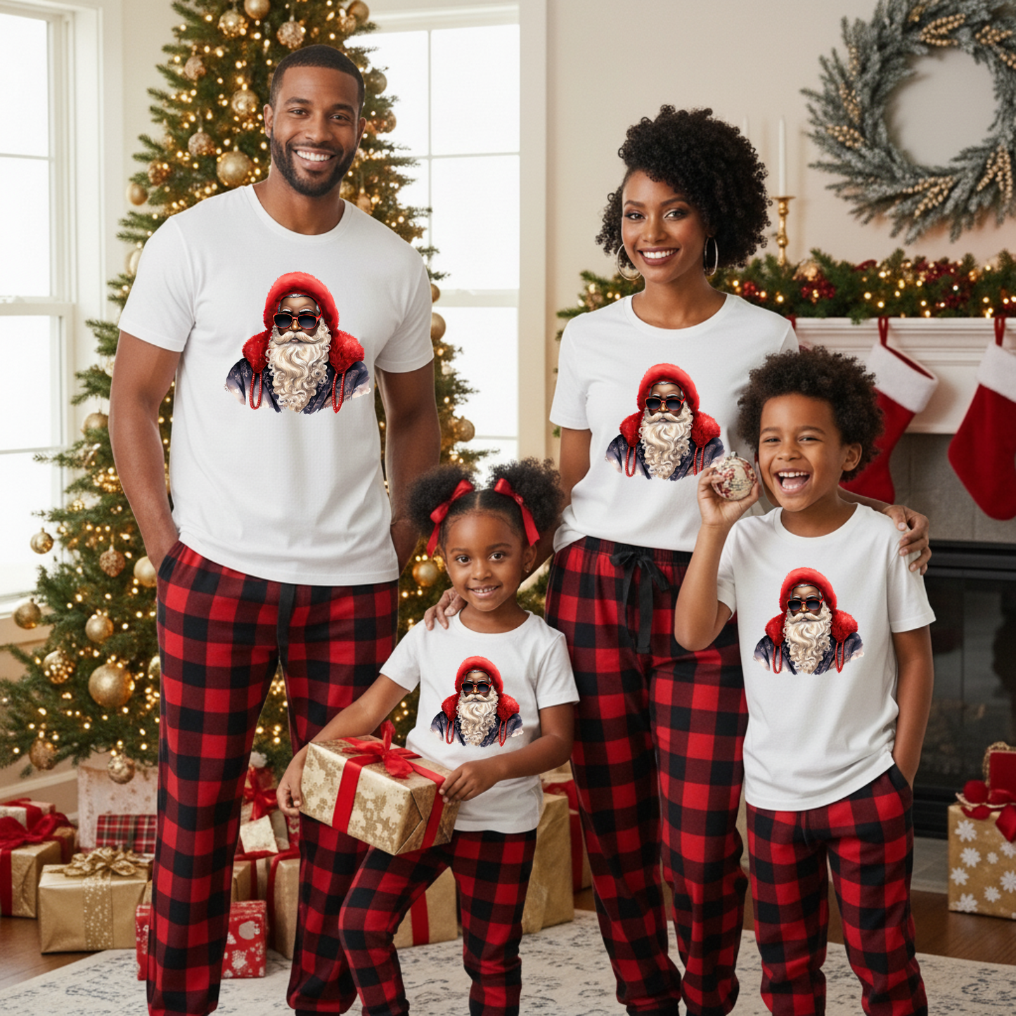 Youth Red Hat Sunglasses Black Santa T-Shirt