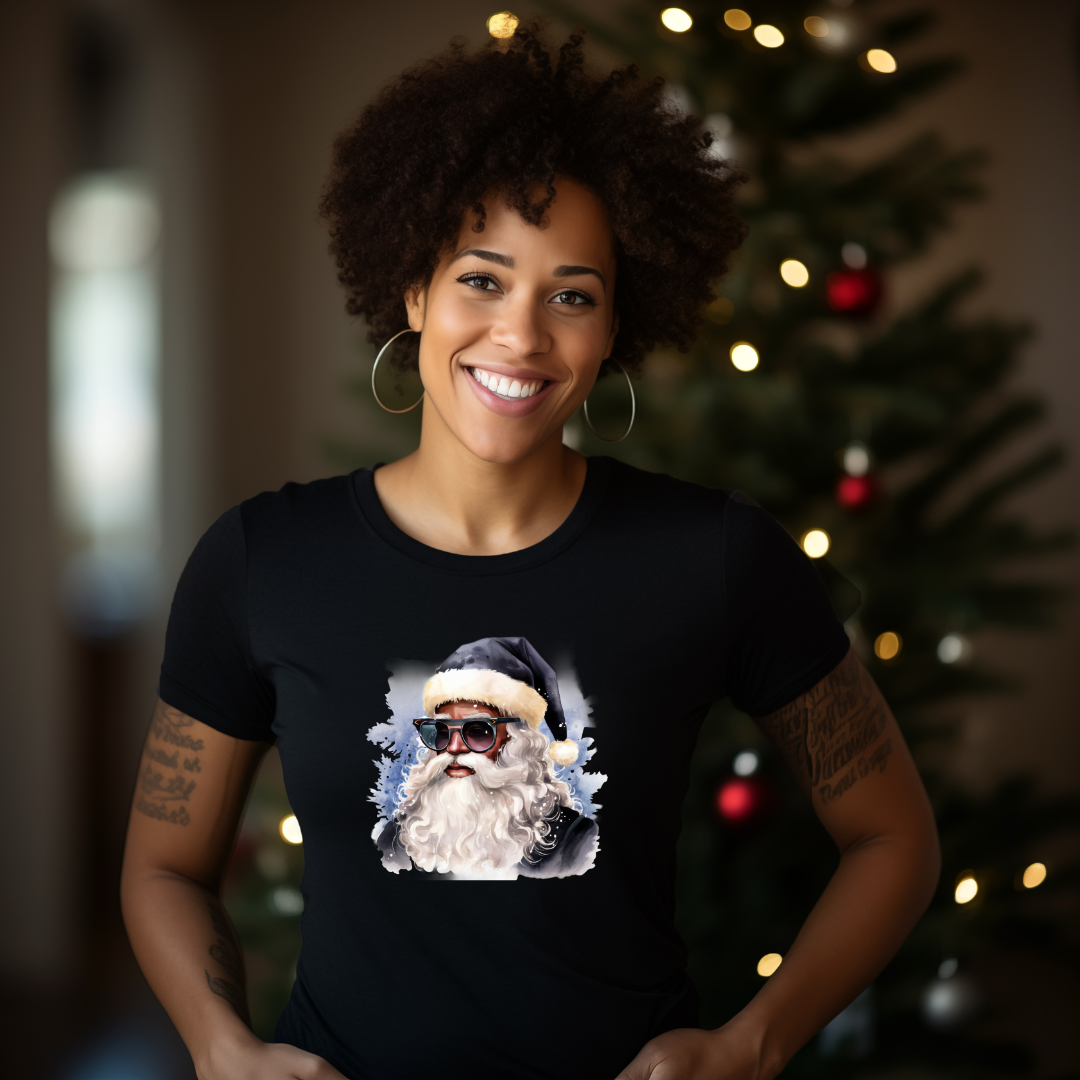 Blue Hat Sunglasses Black Santa Unisex T-Shirt
