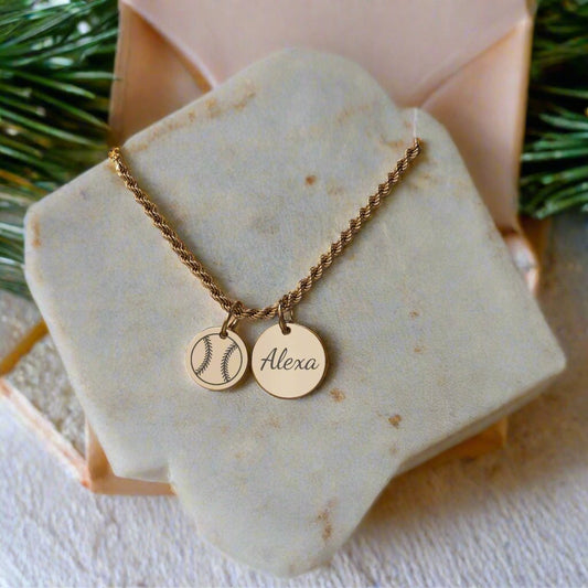 Softball - Personalized Gold Two Charm Softball Necklace