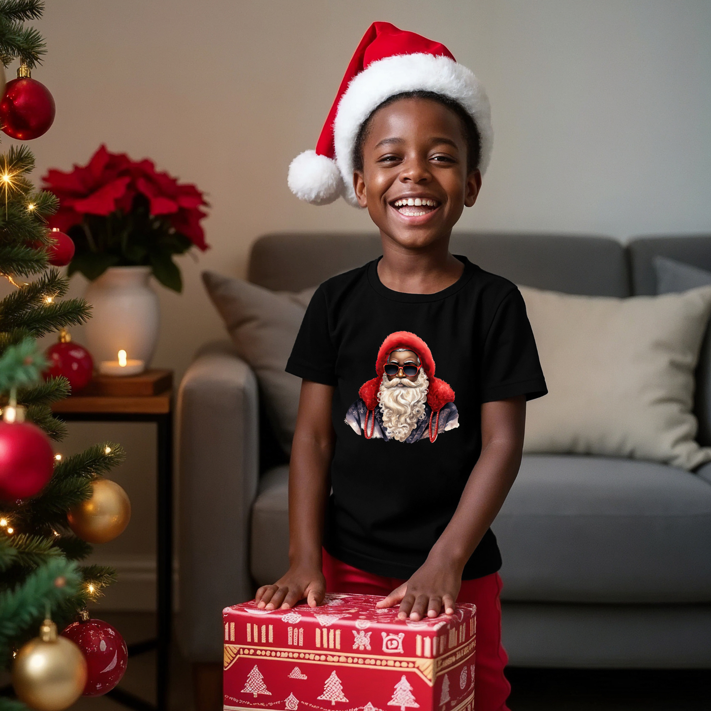 Youth Red Hat Sunglasses Black Santa T-Shirt