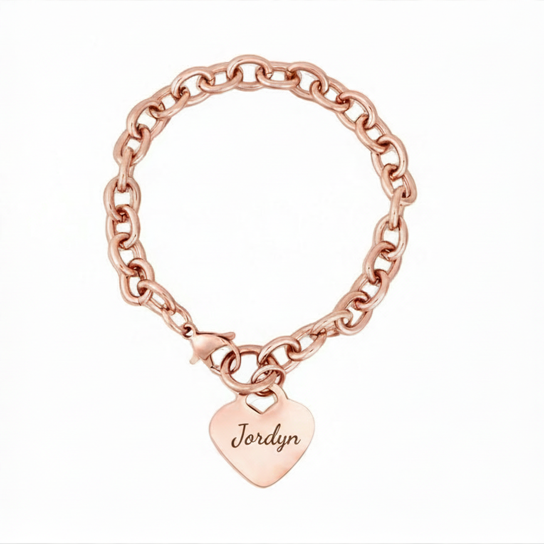 Rose Gold Bracelet with Heart Charm that has the name Jordyn