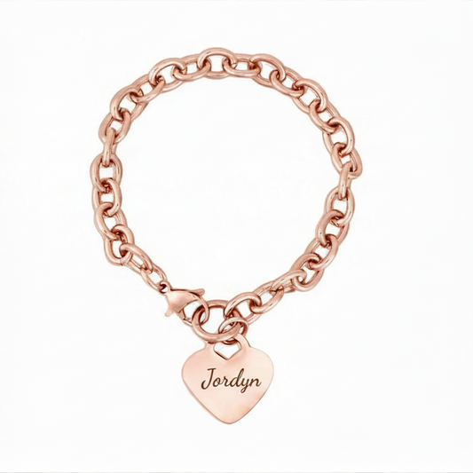 Rose Gold Bracelet with Heart Charm that has the name Jordyn