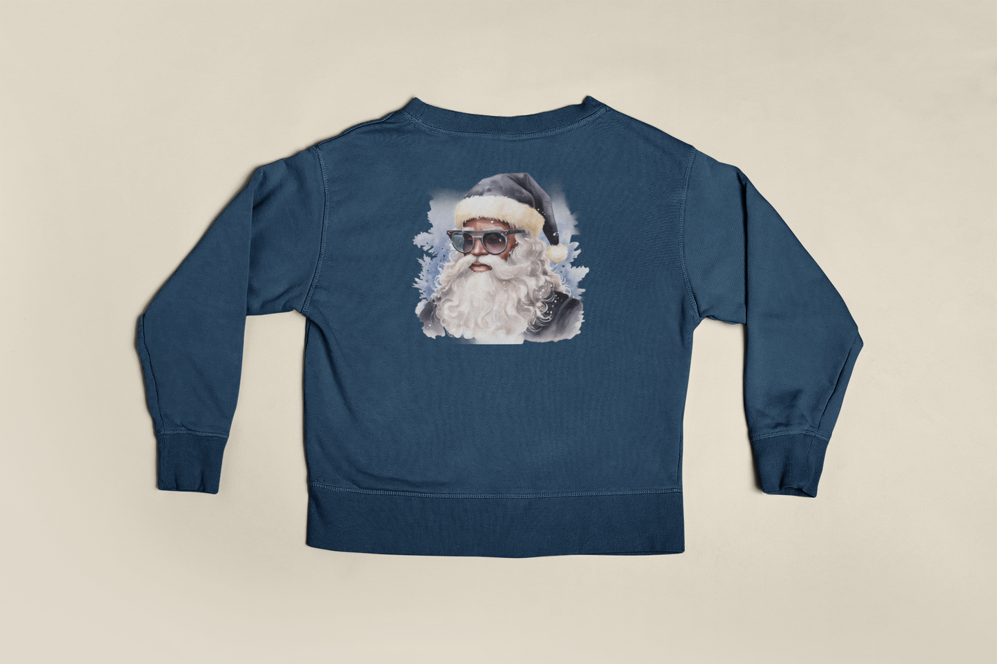 Youth Blue Hat Sunglasses Black Santa Crewneck Sweatshirt