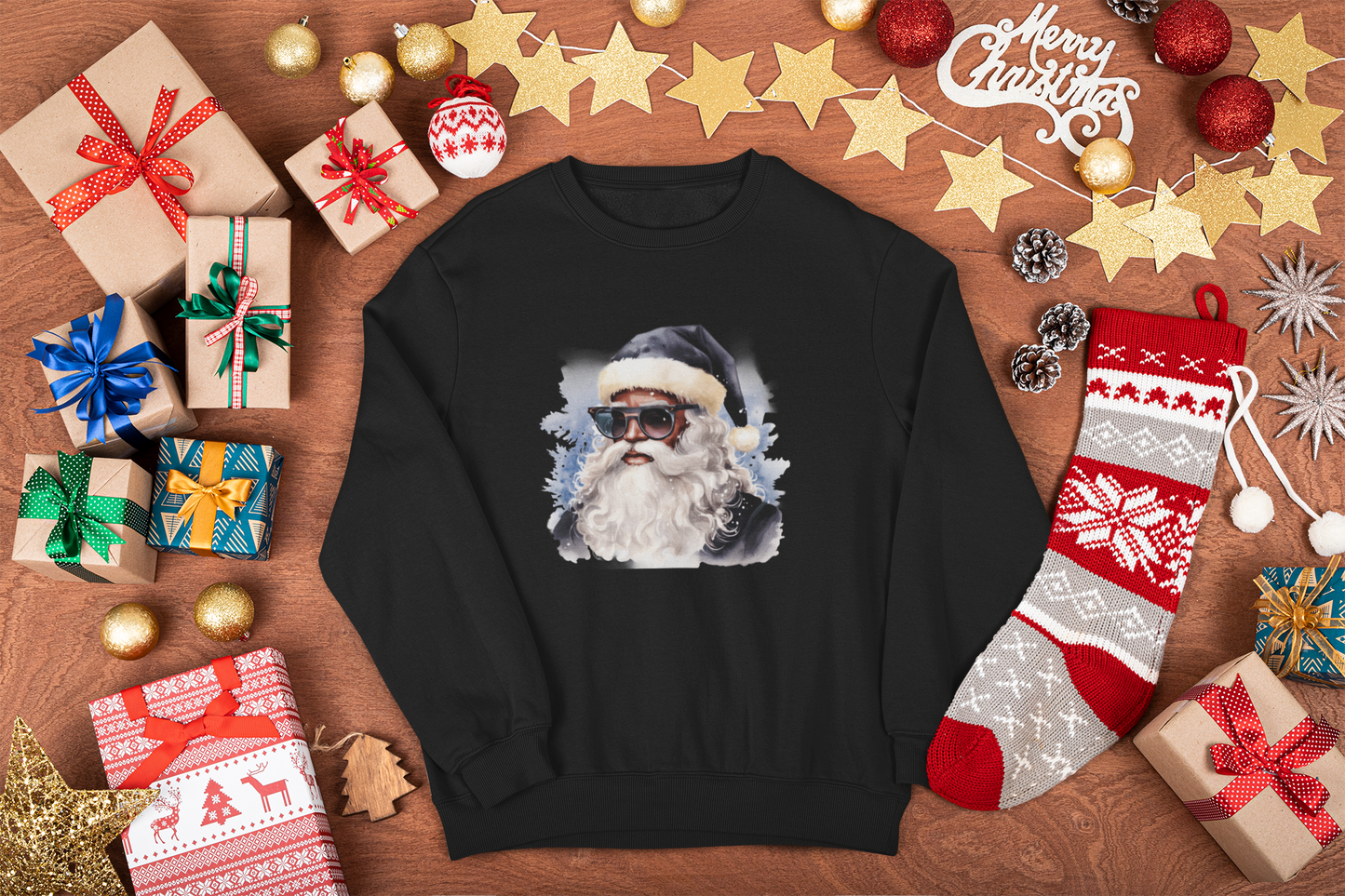 Youth Blue Hat Sunglasses Black Santa Crewneck Sweatshirt