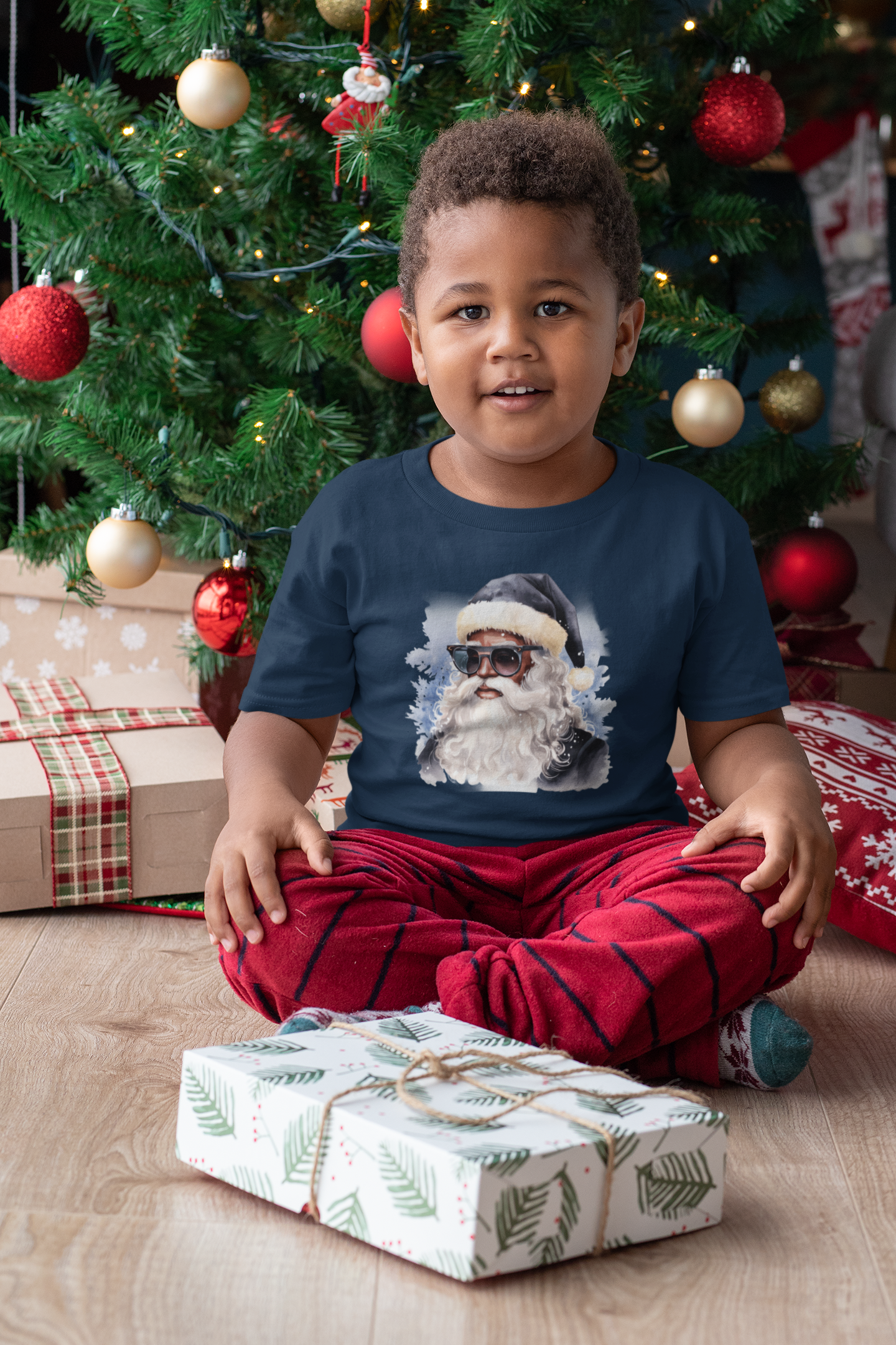 Youth Blue Hat Sunglasses Black Santa T-Shirt